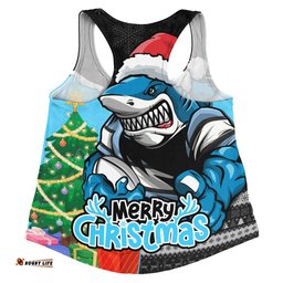 Cronulla-Sutherland Sharks Women Racerback Singlet Santa Scoring Touchdown On Christmas Game Day