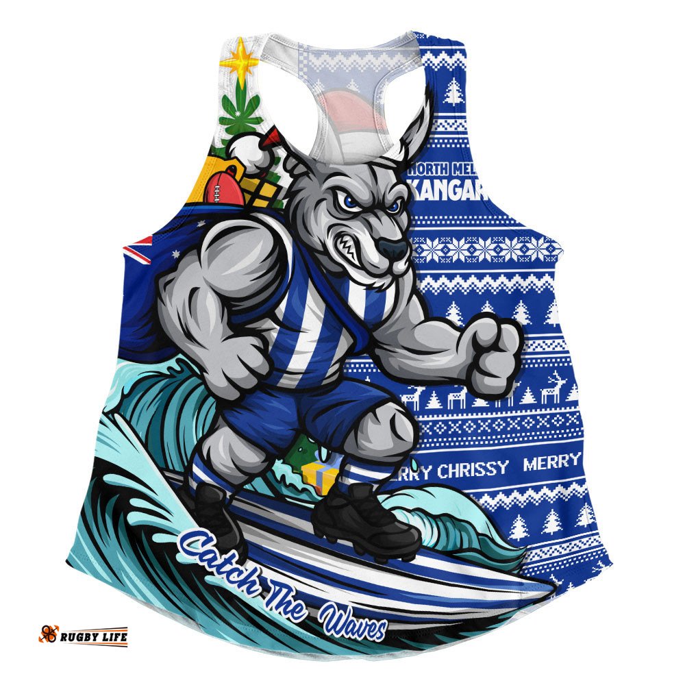 North Melbourne Women Racerback Singlet Christmas Holiday Santa Rides The Waves