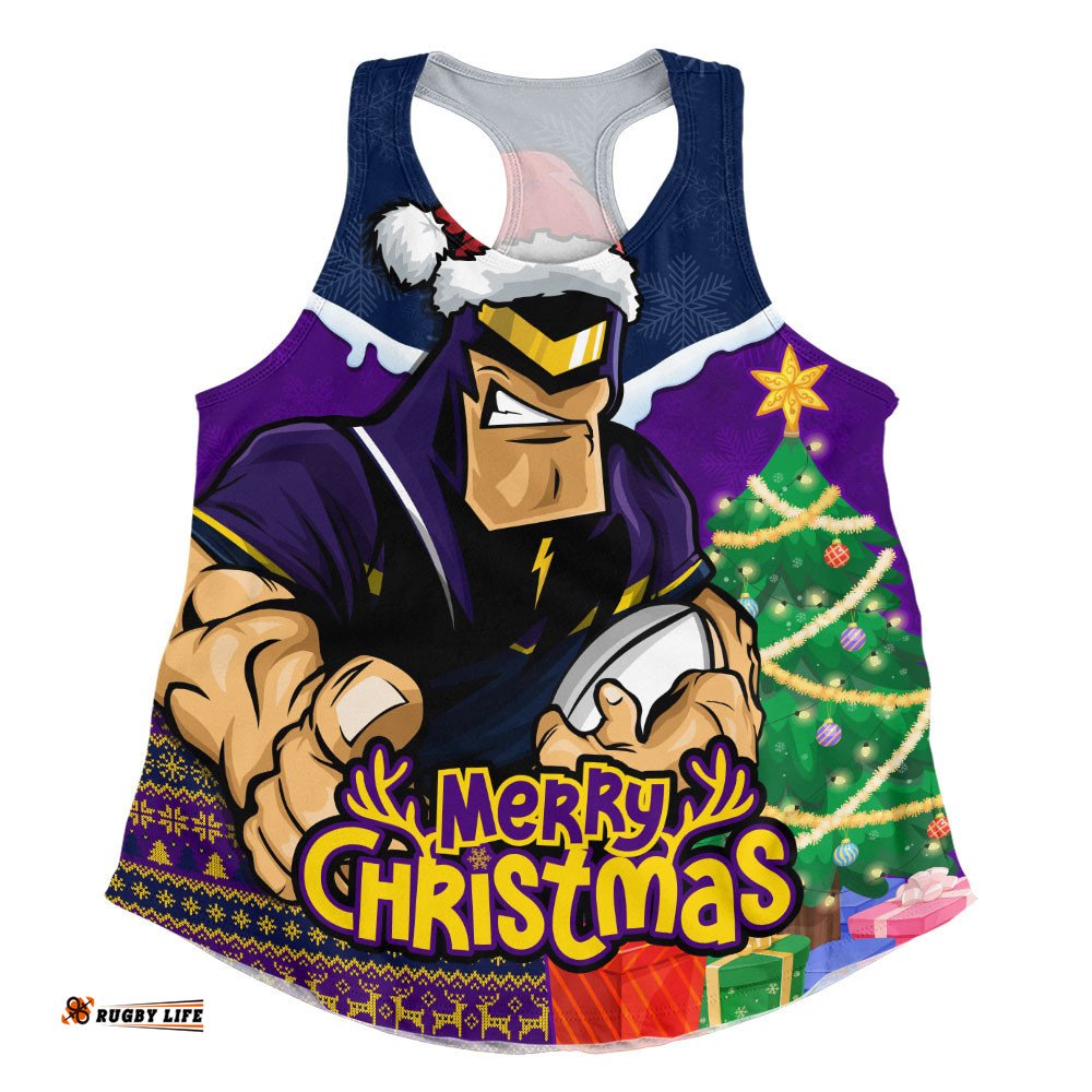 Melbourne Storm Women Racerback Singlet Santa Scoring Touchdown On Christmas Game Day