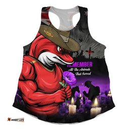 Redcliffe Dolphins Women Racerback Singlet Anzac Day Purple Poppy And Animals That Served