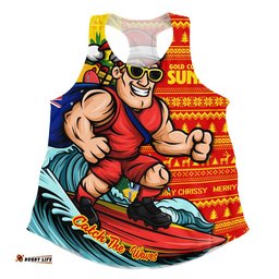 Gold Coast SUNS Women Racerback Singlet Christmas Holiday Santa Rides The Waves