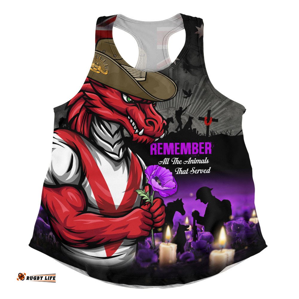St. George Illawarra Dragons Women Racerback Singlet Anzac Day Purple Poppy And Animals That Served