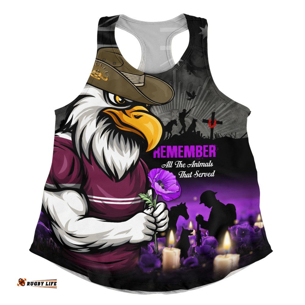 Manly Warringah Sea Eagles Women Racerback Singlet Anzac Day Purple Poppy And Animals That Served