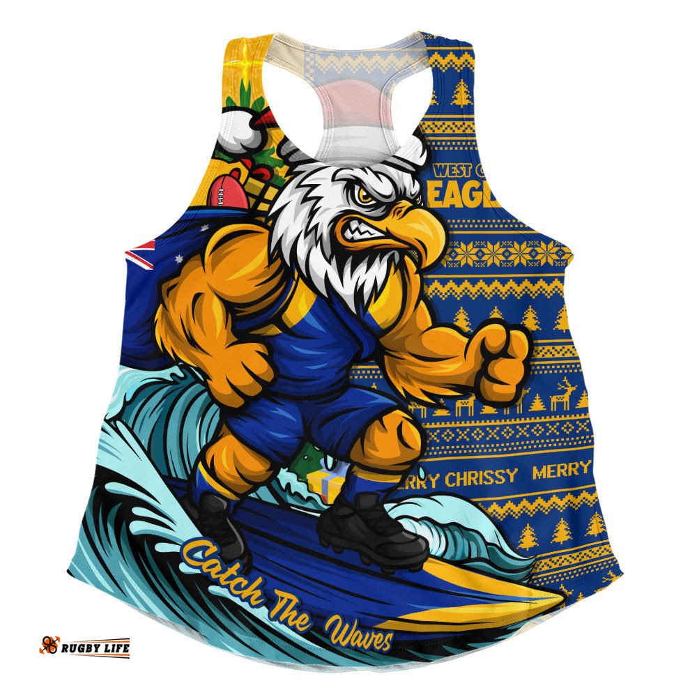 West Coast Eagles Women Racerback Singlet Christmas Holiday Santa Rides The Waves