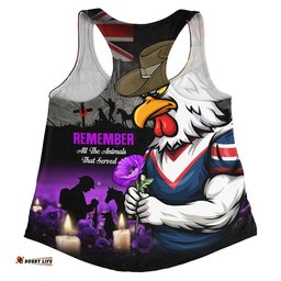 Sydney Roosters Women Racerback Singlet Anzac Day Purple Poppy And Animals That Served