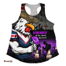 Sydney Roosters Women Racerback Singlet Anzac Day Purple Poppy And Animals That Served