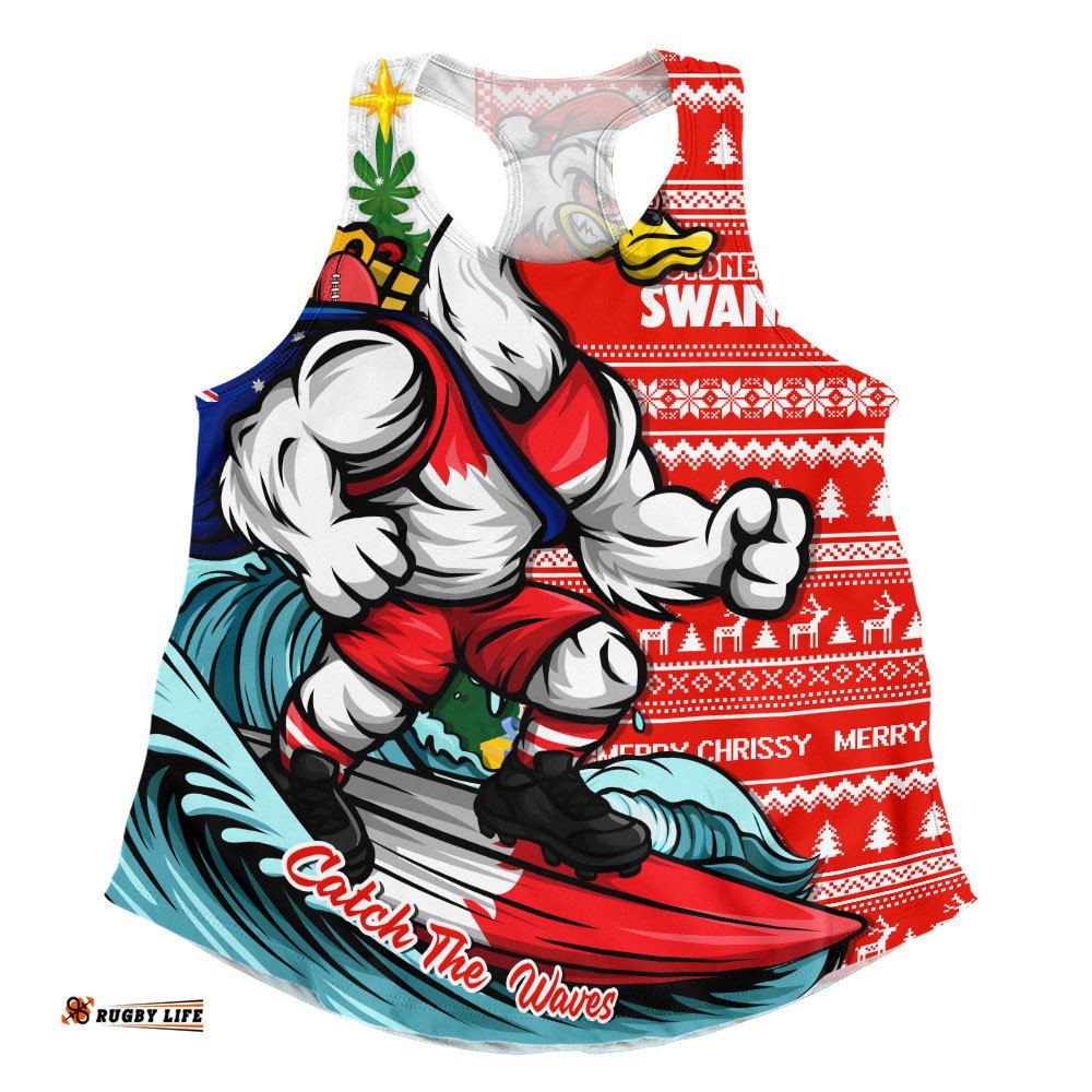 Sydney Swans Women Racerback Singlet Christmas Holiday Santa Rides The Waves