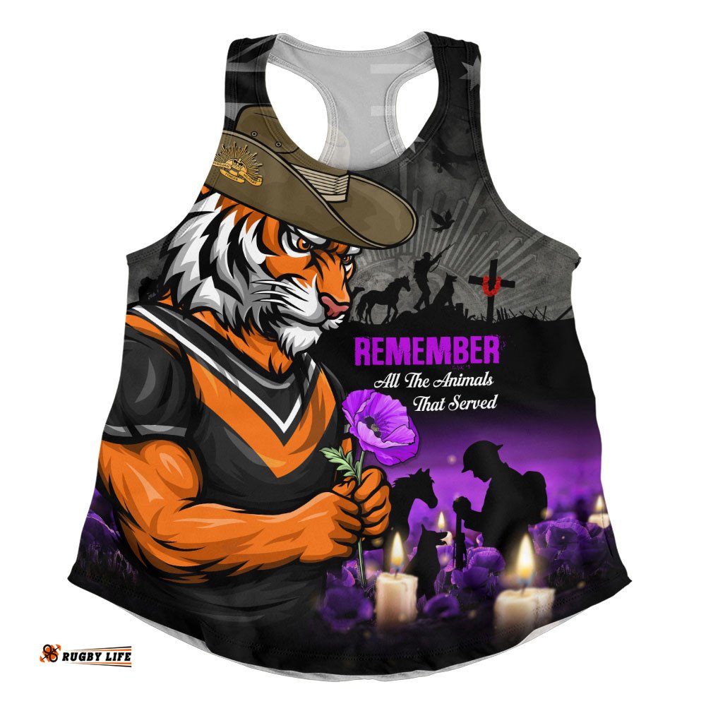Wests Tigers Women Racerback Singlet Anzac Day Purple Poppy And Animals That Served
