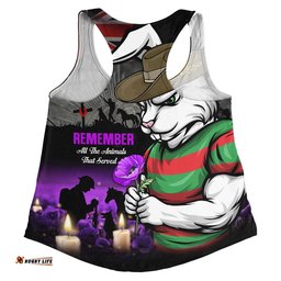 South Sydney Rabbitohs Women Racerback Singlet Anzac Day Purple Poppy And Animals That Served