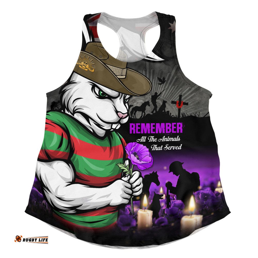 South Sydney Rabbitohs Women Racerback Singlet Anzac Day Purple Poppy And Animals That Served