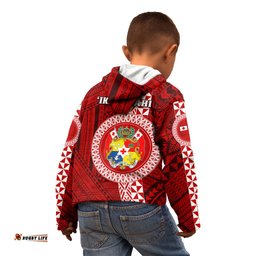 Tonga Rugby Kid Hoodie World Cup 2023 Coat Of Arms Ngatu Pattern