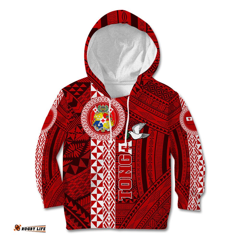Tonga Rugby Kid Hoodie World Cup 2023 Coat Of Arms Ngatu Pattern