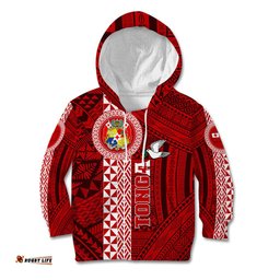 Tonga Rugby Kid Hoodie World Cup 2023 Coat Of Arms Ngatu Pattern