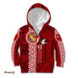 Custom Tonga Rugby Kid Hoodie World Cup 2023 Coat Of Arms Ngatu Pattern