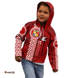 Custom Tonga Rugby Kid Hoodie World Cup 2023 Coat Of Arms Ngatu Pattern