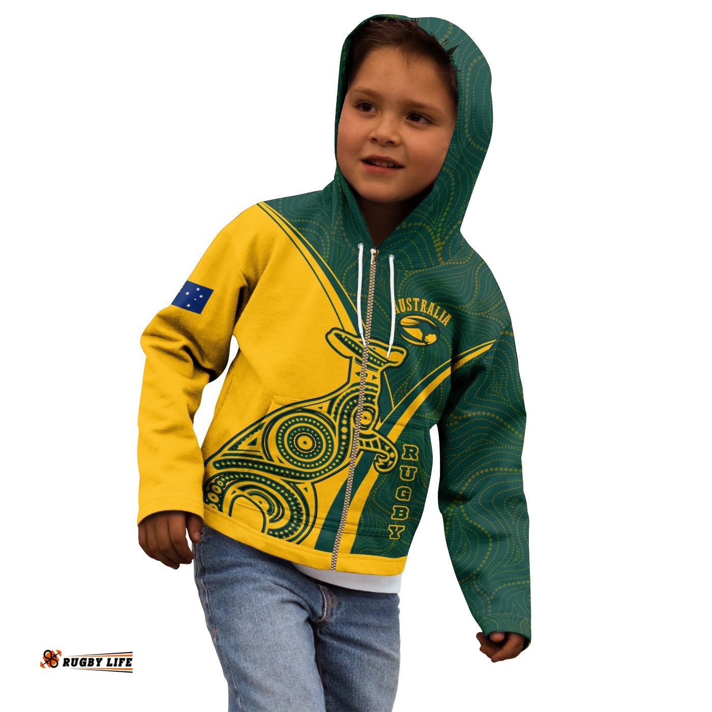 Rugby Zip-Up Hoodie Kids - Australian Rugby Kangaroo & Aboriginal Patterns