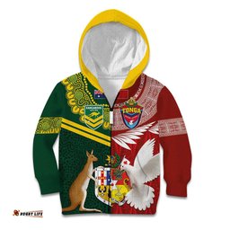 Custom Mate Ma'a Tonga and Australia Kangaroo Kid Hoodie Nation Seal with Mascot Aboriginal and Tongan Kupesi Ngatu Art