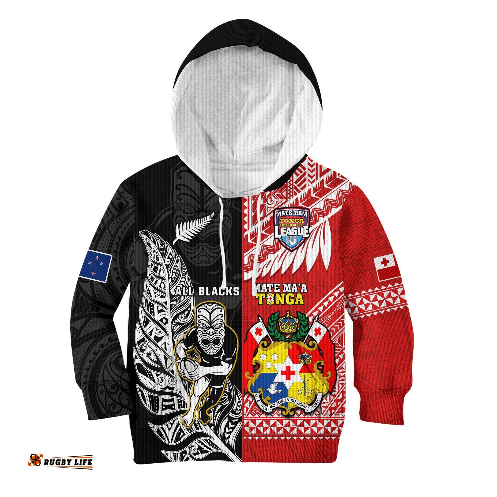 Custom Personalised Mate Maa Tonga And All Black Rugby Hoodie KID Polynesian Mix NZ Maori Fern