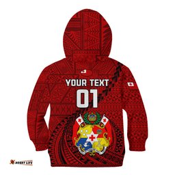 Custom Tonga Rugby Kid Hoodie Tongan Ngatu Pattern Black Version