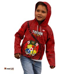 Custom Tonga Rugby Kid Hoodie Tongan Ngatu Pattern Black Version