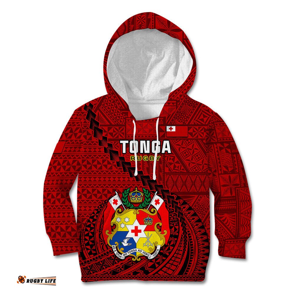 Custom Tonga Rugby Kid Hoodie Tongan Ngatu Pattern Black Version