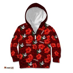 Custom Text And Number Tonga Rugby Kid Hoodie Polynesian Style With Hibiscus