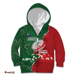 Custom Tonga And Australia Rugby Kid Hoodie Mate Maa Tongan Ngatu Mix Kangaroos Aboriginal