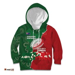 Custom Tonga And Australia Rugby Kid Hoodie Mate Maa Tongan Ngatu Mix Kangaroos Aboriginal