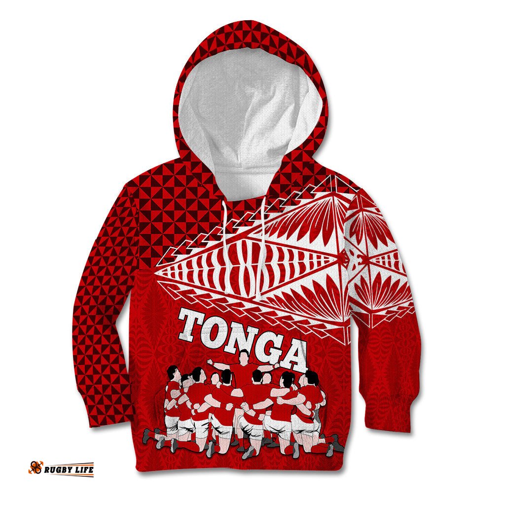Personalised Tonga Rugby Kid Hoodie Sipi Tau Dance Ngatu Pattern