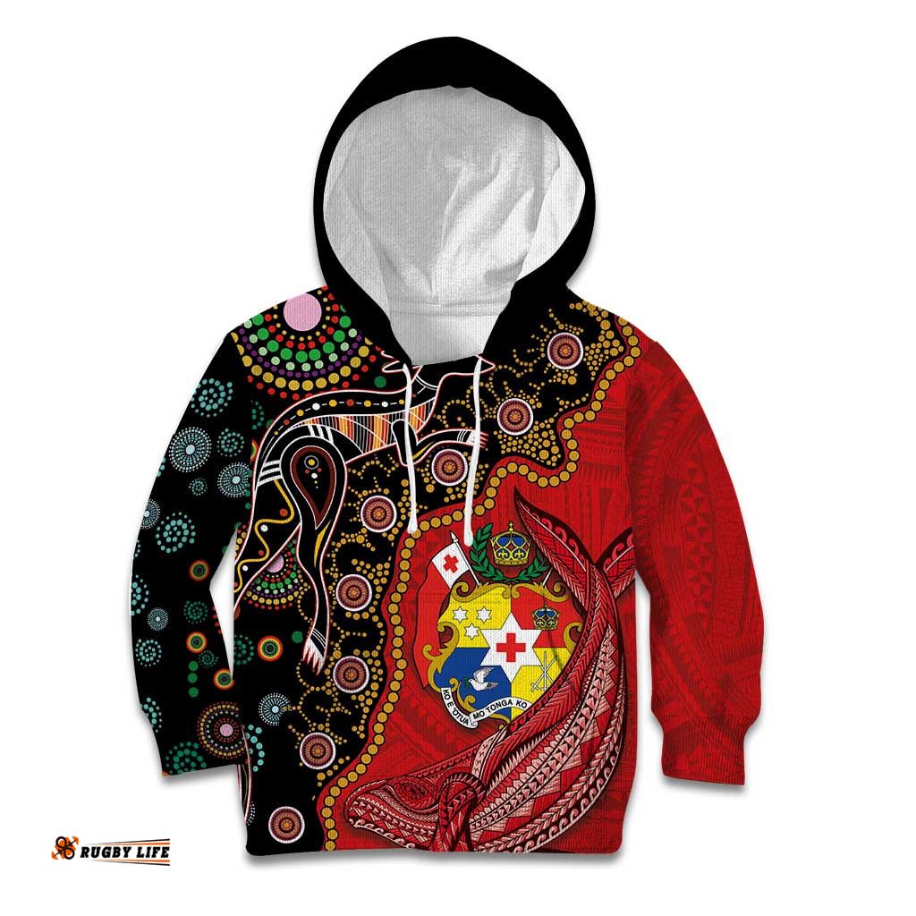 Tonga Ngatu and Australia Together Kid Hoodie Polynesian Humpback Whale and Aboriginal Kangaroo