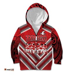 Custom Tonga Rugby Kid Hoodie Tonga Sipi Tau Ngatu Tribal Pattern