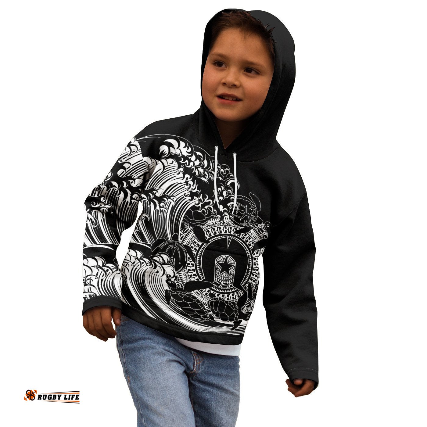 Aboriginal Hoodie Kids, Torres Strait Islands in Wave Black