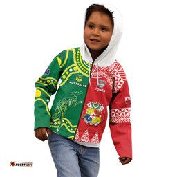 Custom Tonga XIII And Australia Kangaroos Kid Hoodie Mate Maa Tongan Ngatu With Aboriginal
