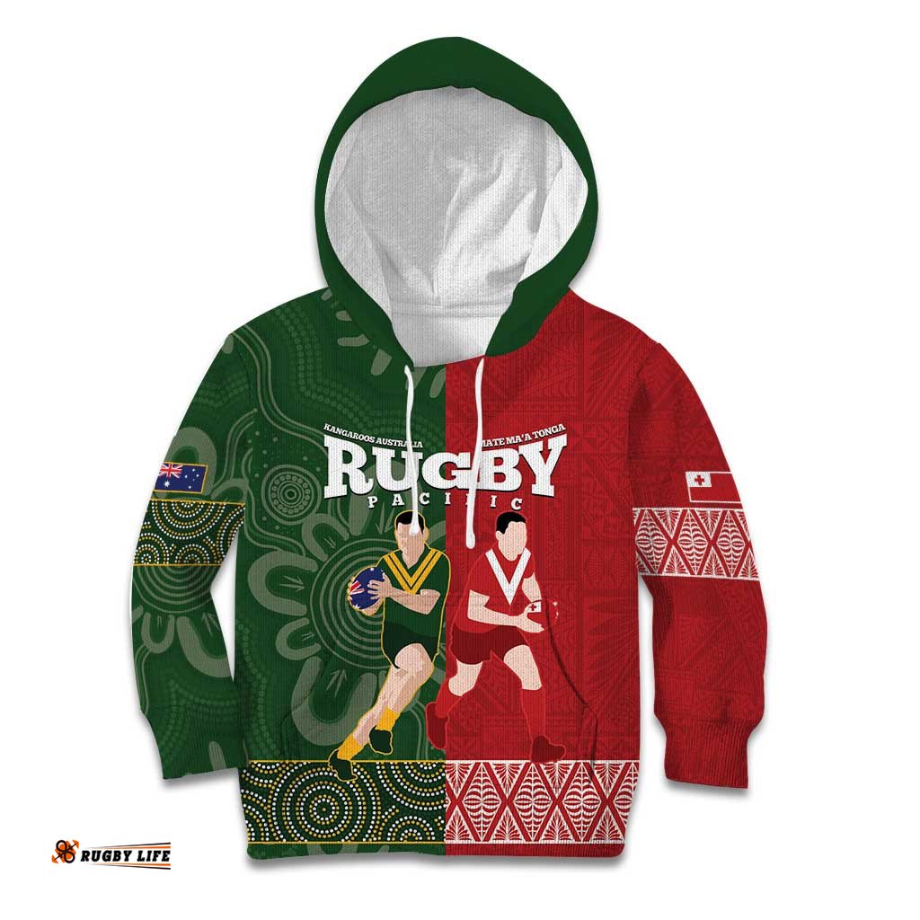 Custom Mate Maa Tonga And Kangaroo Australia Kid Hoodie Tongan Kupesi Mix Aboriginal Art