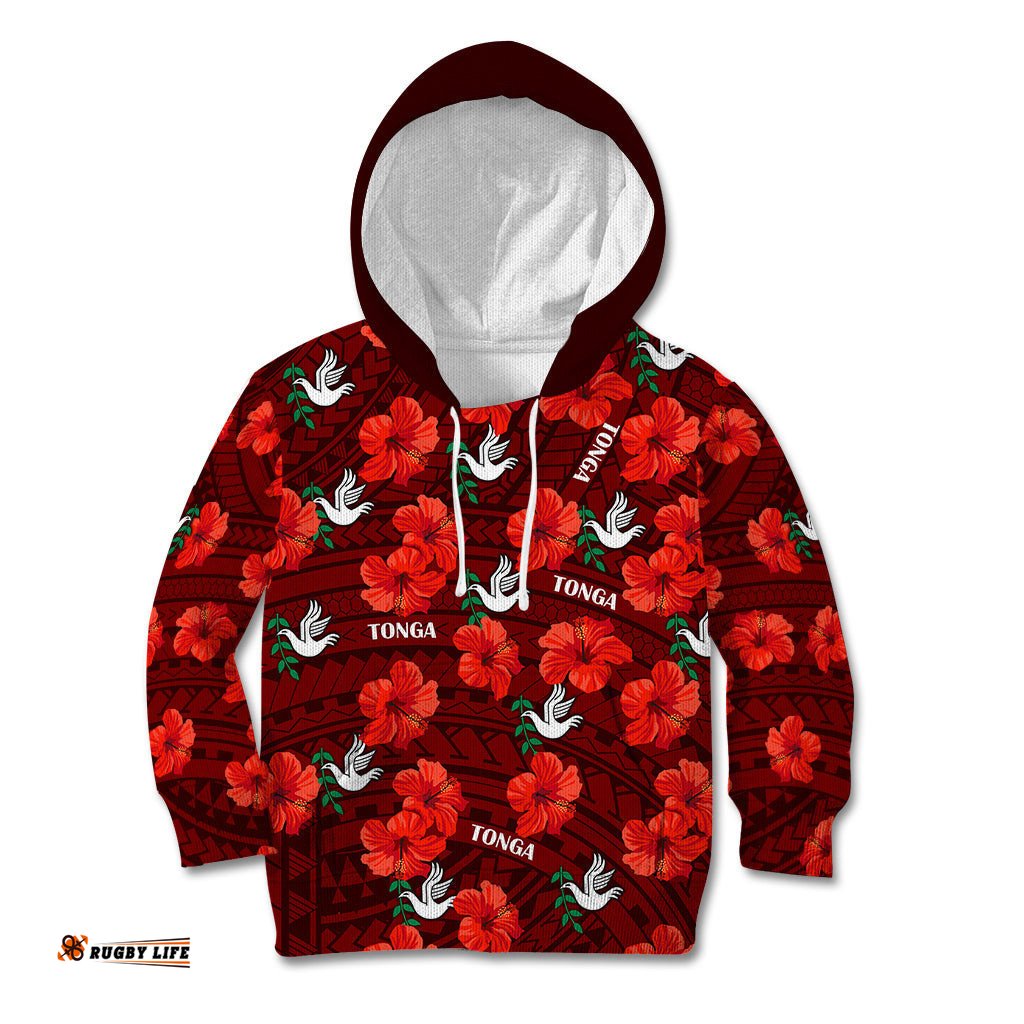 Tonga Rugby Kid Hoodie Polynesian Style With Hibiscus