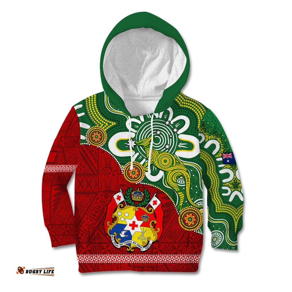 Australia And Tonga Kid Hoodie Aboriginal Mix Tongan Ngatu Unique Style