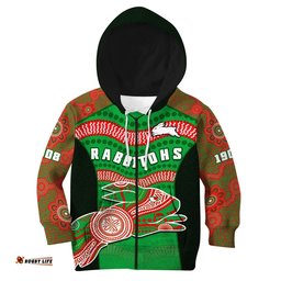 Rabbitohs Rugby Hoodie KID Souths 1908 Aboriginal Dot Painting Go Bunnies
