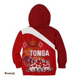 Tonga Rugby Kid Hoodie Sipi Tau Dance Coat of Arms Ngatu Pattern