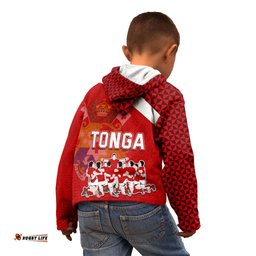 Tonga Rugby Kid Hoodie Sipi Tau Dance Coat of Arms Ngatu Pattern