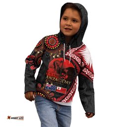 Tonga and Australia ANZAC Day Kid Hoodie Aboriginal and Ngatu Art Pattern - Gallipoli Lest We Forget