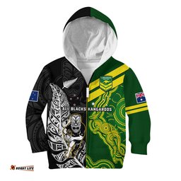 Custom Personalised Australia Kangaroos And All Black Rugby Hoodie KID Aboriginal Mix NZ Maori Fern