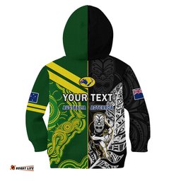 Custom Personalised Australia Kangaroos And All Black Rugby Hoodie KID Aboriginal Mix NZ Maori Fern