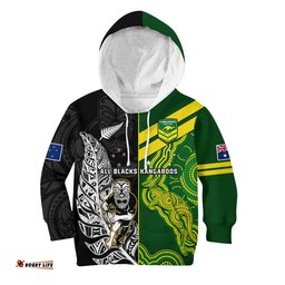 Custom Personalised Australia Kangaroos And All Black Rugby Hoodie KID Aboriginal Mix NZ Maori Fern