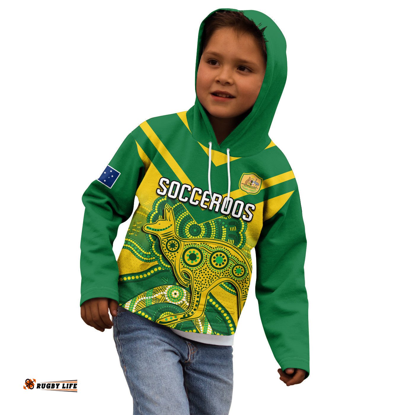 Custom Text and Number Australia Soccer Hoodie KID Champions Aboriginal Kangaroos World Cup Football Socceroos