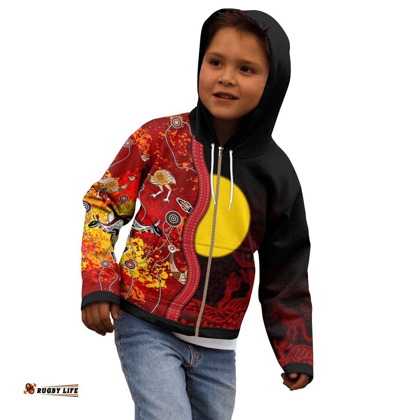 Kids Aboriginal Zip Up Hoodie Red Indigenous Flag