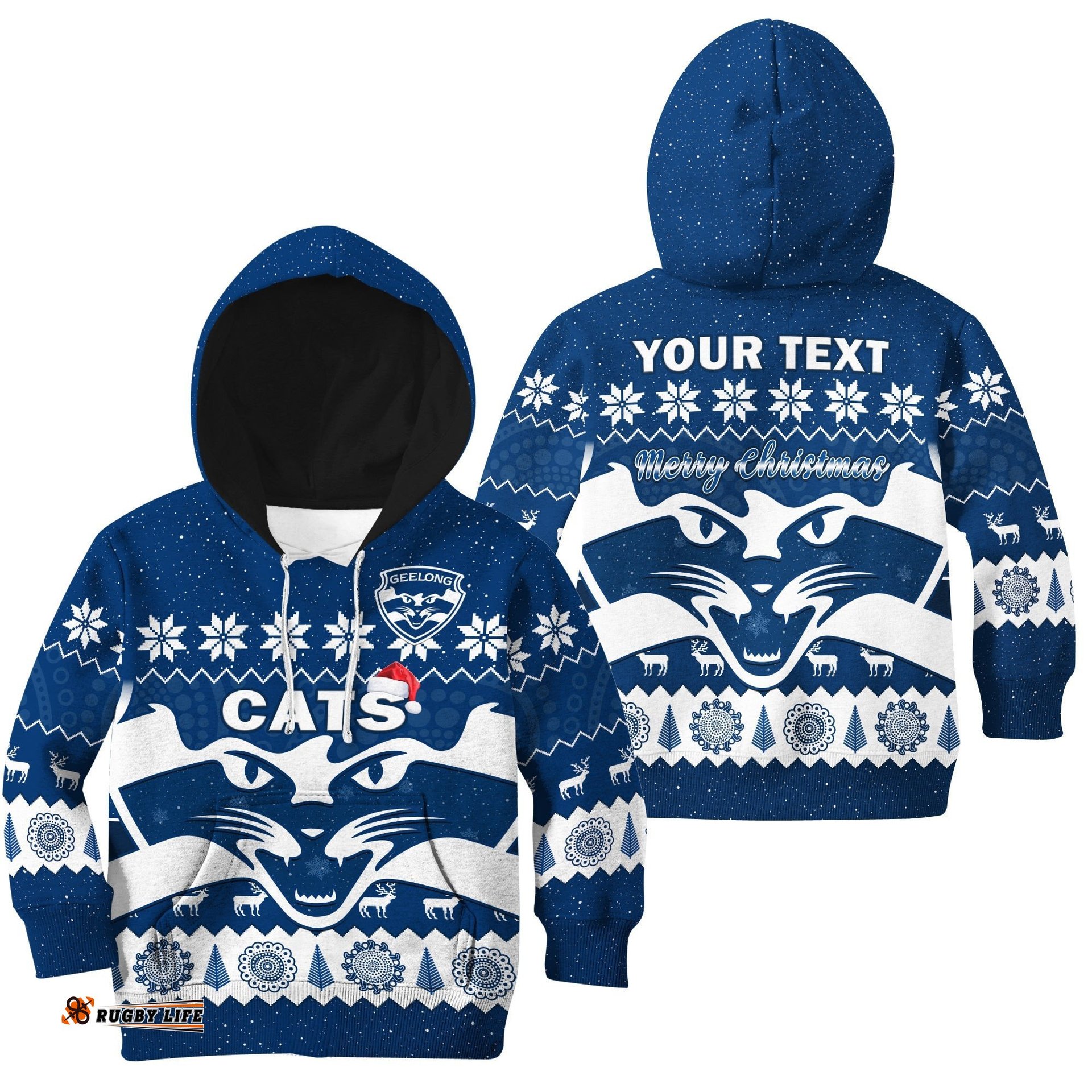 Custom Personalised Cats Football Christmas Hoodie KID Geelong Aboriginal Painting