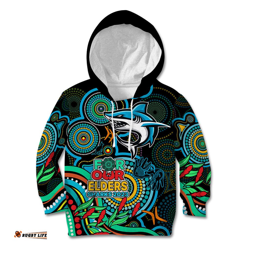 Sharks Rugby Aboriginal Art Kid Hoodie NAIDOC Indigenous Tribal