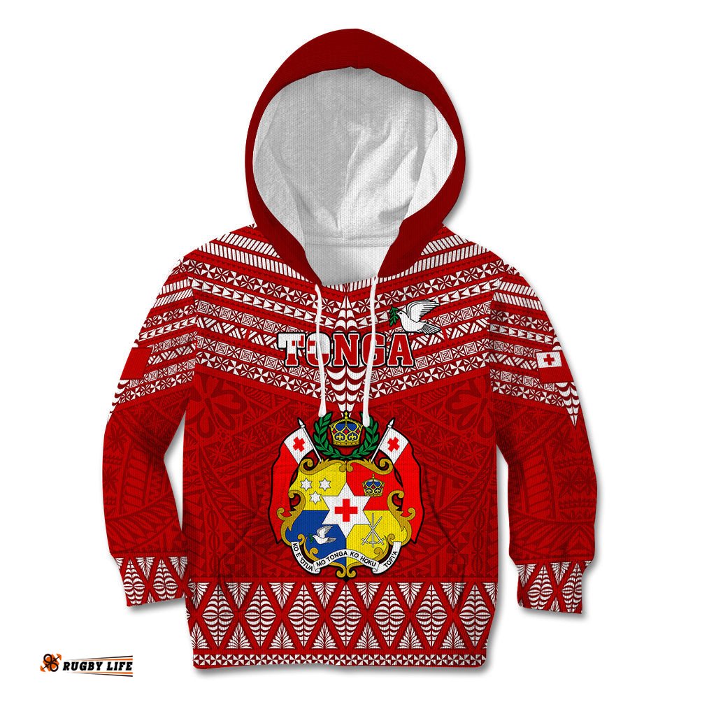 Tonga Rugby Kid Hoodie 2023 World Cup Tongan Kupesi Ngatu Pattern