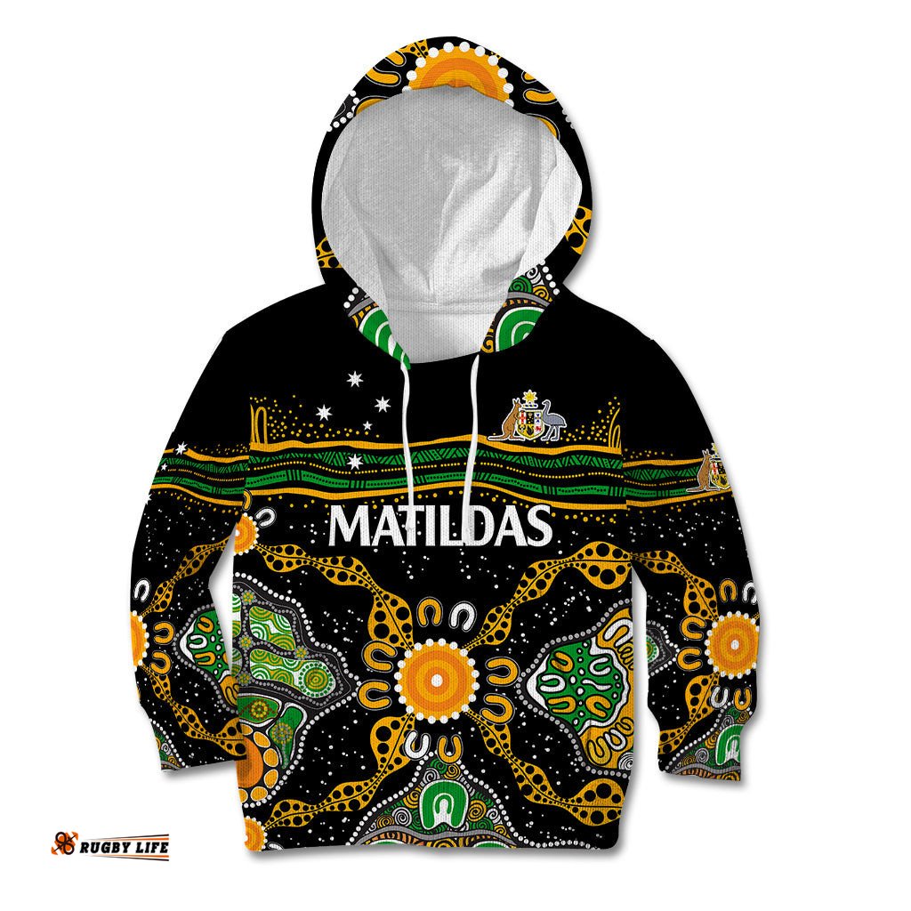 Custom Text And Number Matildas Australia Soccer Kid Hoodie Aboriginal Dots Style