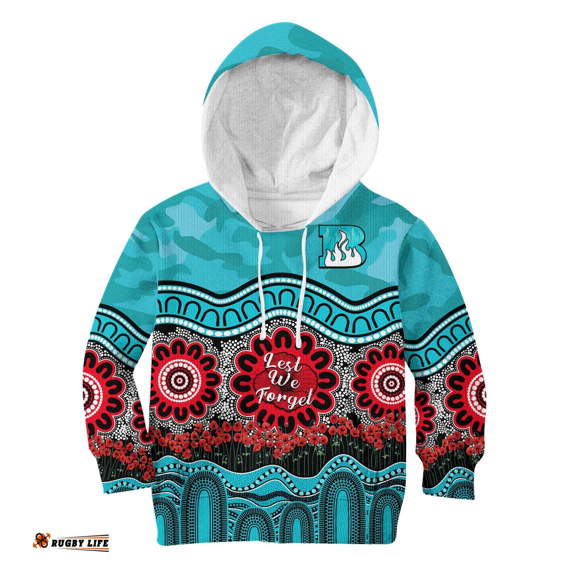 Custom Text And Number Brisbane Heat Cricket ANZAC Hoodie KID Poppy Aboriginal Camouflage
